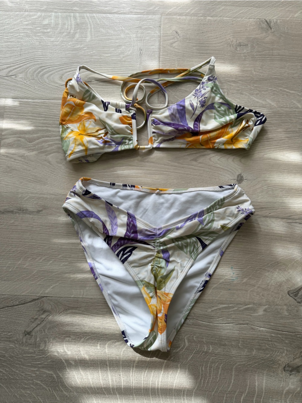 CUPSHE - Floral Print Two-Piece Bikini Set - Yellow, Purple, Green on White